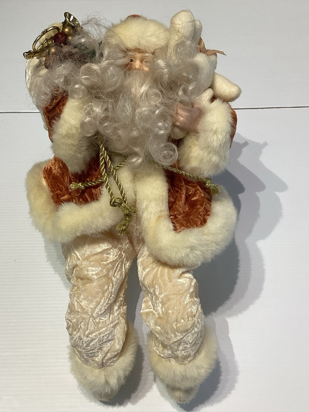 Santa Sits On A Shelf or Mantle With Bag of Toys & Bear 14” Ivory White Clothes